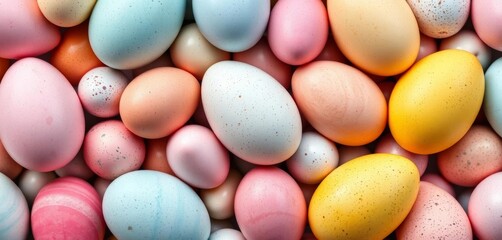 Seamless pastel Easter egg pattern; background features speckled and solid eggs in various sizes and colors, wallpaper, cute