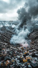 mountain of garbage waste plastic bottles packages of rotting food	
