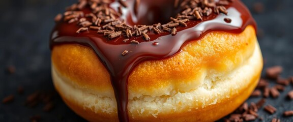 Rich, glossy chocolate glaze covers a fluffy donut, sprinkled with tiny chocolate shavings, baking, indulgent