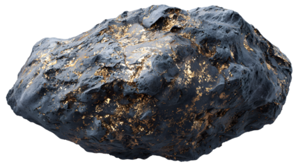 Artistic rendering of a golden ore nugget against a black background representing hidden treasures and precious metal discovery.