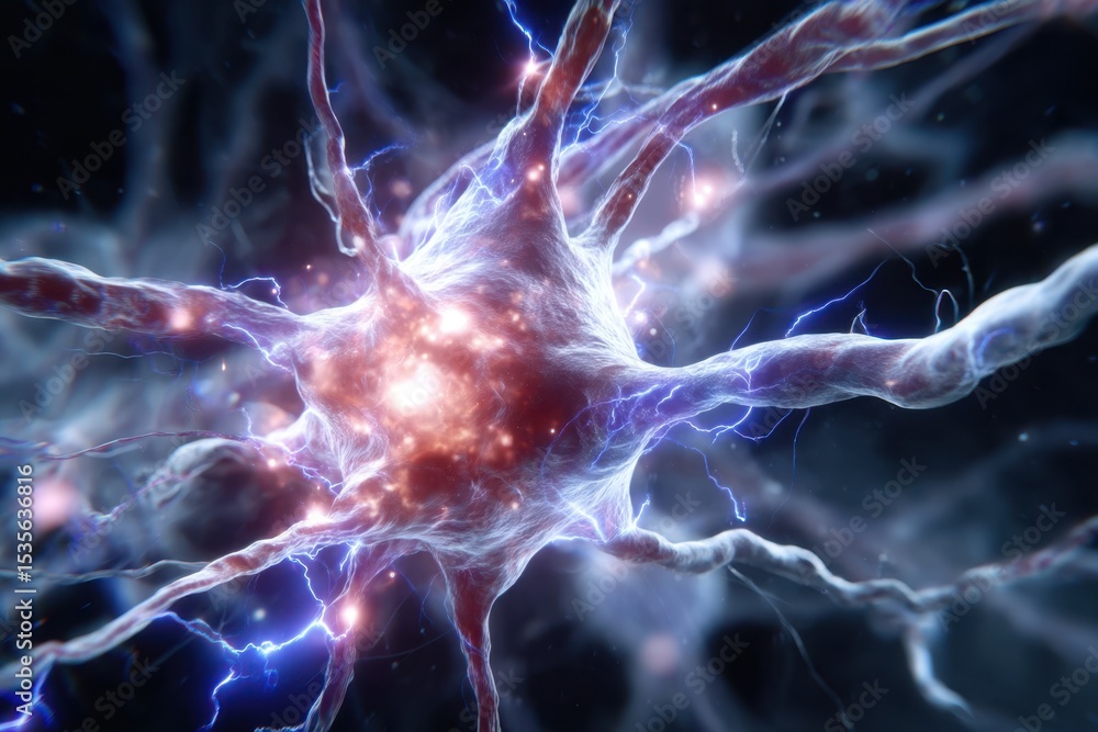 Poster exploring the intricate structure and function of a human neuron in detail