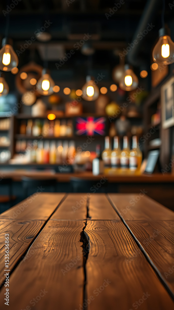 Poster empty wooden table rustic and blurred background of bar or pub for product display high quality phot