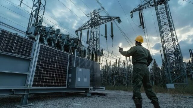 A worker wearing a yellow helmet inspects electrical equipment at a high-voltage power substation during sunset.