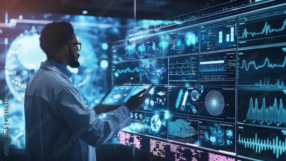 Poster A scientist in a lab coat uses advanced digital screens and a tablet to analyze futuristic scientific data in a high-tech laboratory.
