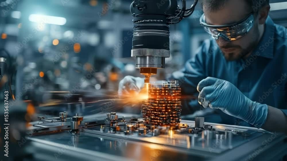 Poster A factory worker operates precision machinery as sparks fly, focusing on advanced metalworking in a high-tech industrial environment.