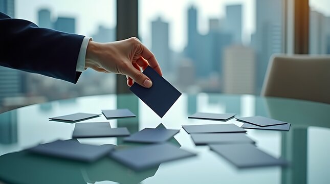 Action-oriented business card scene: A hand selects a card from a scattered display, suggesting dynamic networking.