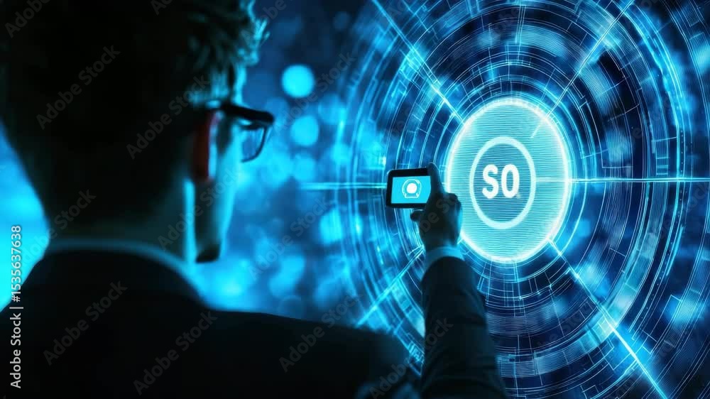 Poster A man in glasses interacts with a glowing digital interface using a smartphone, surrounded by futuristic blue graphics.