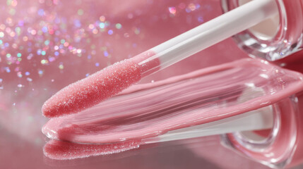 Pink lip gloss applicator with shiny glitter background and smooth liquid texture closeup