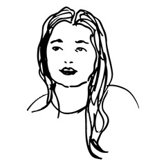 Head of a pretty young Caucasian woman with long loose hair. Female portrait. Hand drawn linear doodle rough sketch. Black and white silhouette.