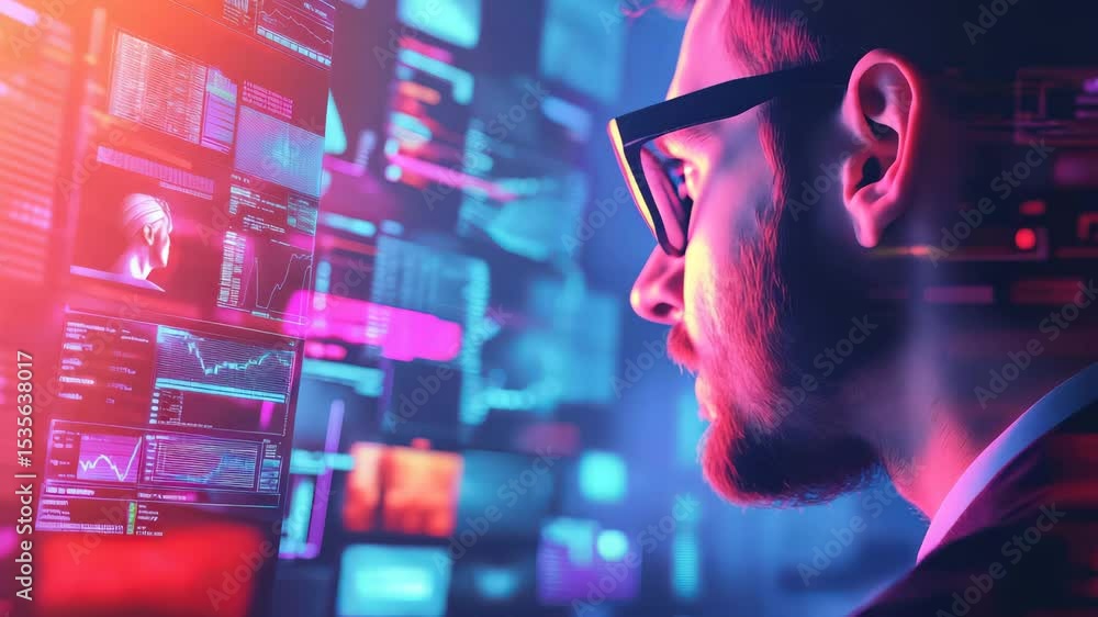 Poster a focused man with glasses analyzes colorful digital data screens in a modern, high-tech environment