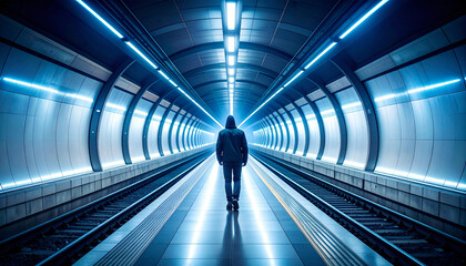 A solitary hooded figure walks down a futuristic, blue-lit subway tunnel.