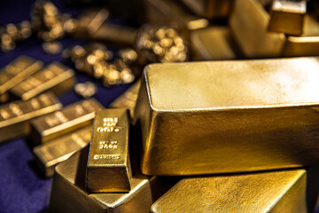 Bank gold bars, national gold reserv holdings concept. Savings and investments, business and finance
