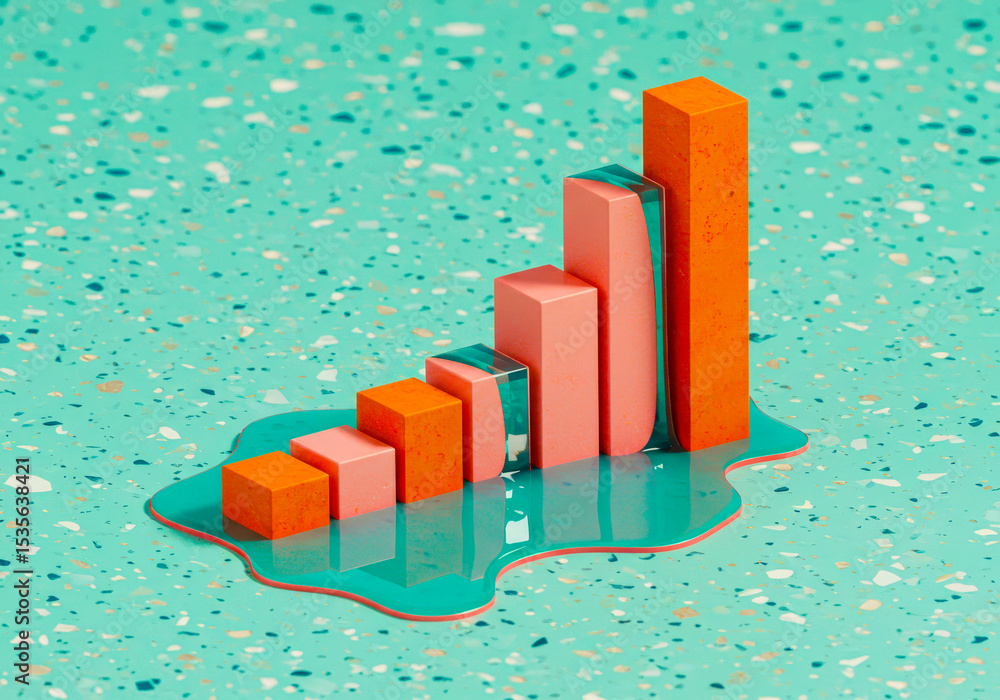 Poster rising bar graph with liquid base on terrazzo background. financial growth and success concept with 
