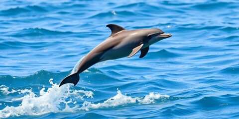 Obraz premium A playful dolphin calf leaps high above the ocean's surface, its sleek body glistening in the sunlight, adorable, animal