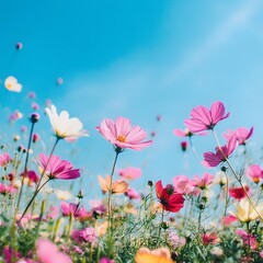 Obraz premium Low-Angle View of Cosmos Flowers Reaching Towards a Clear Blue Sky