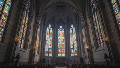 Fototapeta premium Stained Glass Windows Illuminating Church Interior 