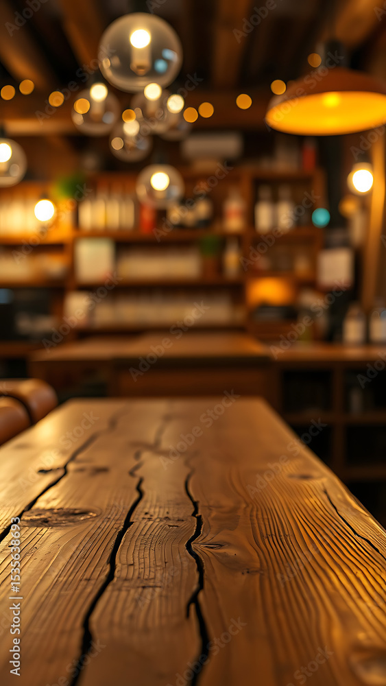 Poster empty wooden table rustic and blurred background of bar or pub for product display high quality phot