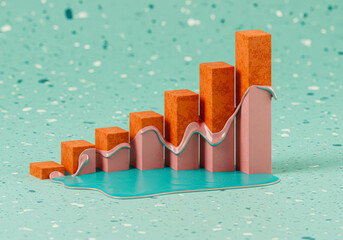 Abstract render of a bar graph with wavy lines. Data visualization for financial report. Business analytics concept.