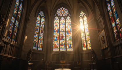 Stained Glass Windows Illuminating Church Interior	
