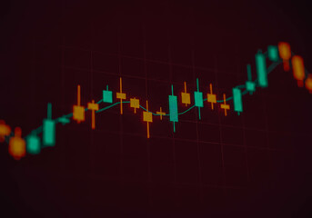 Financial candlestick chart with green and orange bars on a dark red background. Stock market trading and investment data.