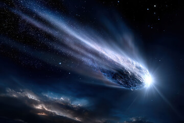 Fototapeta premium Bright comet streaking across the night sky near celestial clouds at twilight