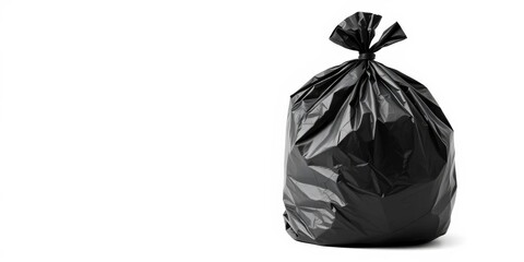 A full, knotted black garbage bag isolated on a pure white background,  black bag,  full
