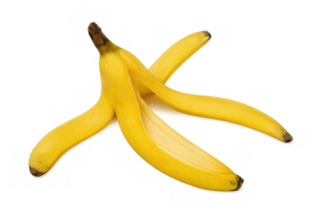 Curved banana peel lying flat, revealing slippery yellow surface, presenting accidental falling danger on clean transparent backdrop