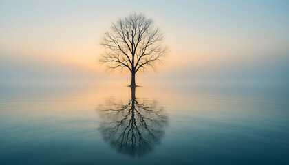 Solitary tree standing in a calm lake under a twilight sky with soft mist and warm reflections