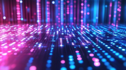 Abstract technology background with glowing pink and blue light trails and data points, ideal for illustrating concepts like digital networks, big data, or futuristic technology.