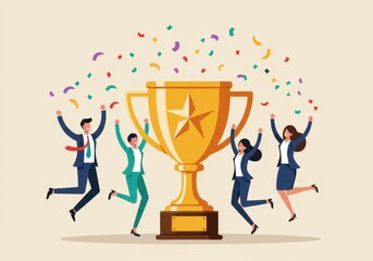 Fototapeta premium A team of businesspeople joyfully celebrates their success by jumping around a large gold trophy