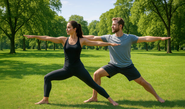 Man and woman practicing yoga together in a green park, both performing warrior pose in sync. Outdoor fitness harmony. Summer exercise.