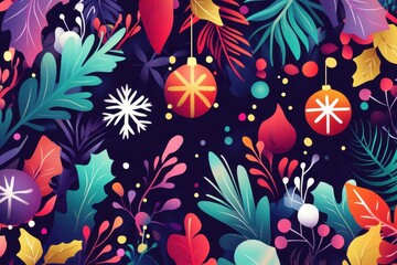 Festive Christmas and New Year background with colorful foliage, ornaments, berries, and snowflakes on a dark backdrop. Holiday season floral pattern for cards and banners.