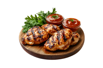 Grilled chicken breast with bbq sauce isolated on transparent background