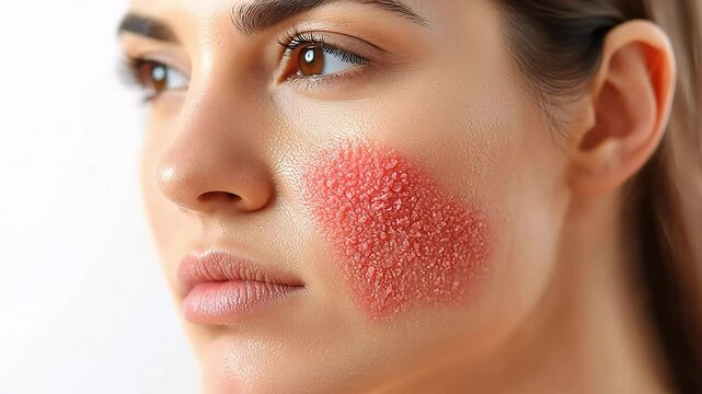 Woman showing psoriasis on face on white background