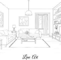 Cozy Living Room Interior with Furniture Line Art Drawing