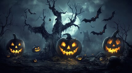 Fototapeta premium Halloween night scene with glowing jack o lanterns, bats flying near a full moon, and spooky trees creating a festive and eerie atmosphere for holiday celebrations.
