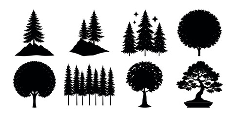 Fototapeta premium row-of-identical-pine-trees-as-silhouettes-on-whit Background