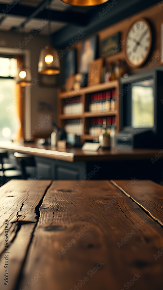 Aufkleber empty wooden table rustic and blurred background of bar or pub for product display high quality phot