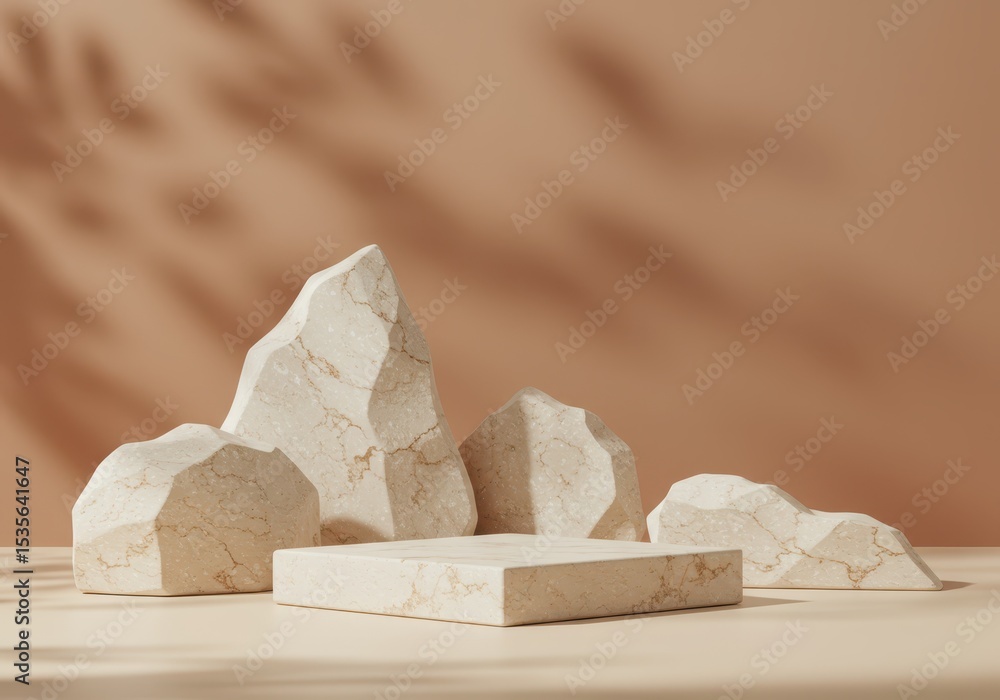 Poster a minimalist product display features several beige marble rocks and a square platform against a lig
