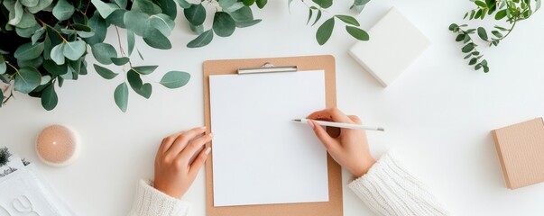 A person writes on a blank clipboard surrounded by green plants and neutral-toned stationery on a clean white surface.