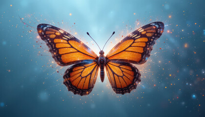 Digital Butterfly Wing Transformation Abstract Illustration Against Light Blue Background With Color Particles and Glowing Effect	
