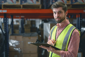 Industry warehouse managers in safety uniforms check the stock order details and goods supplies in...