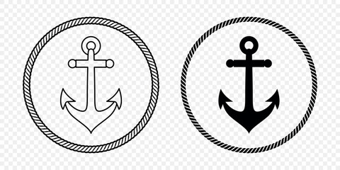 Black and White Anchor Icon Set. Flat Vector Monochrome Anchor Shapes in Circular Rope Frame. Nautical Anchor Symbols, Marine Rope Border Design. Vector Illustration © gomolach