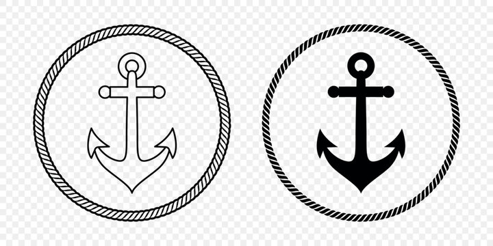 Black and White Anchor Icon Set. Flat Vector Monochrome Anchor Shapes in Circular Rope Frame. Nautical Anchor Symbols, Marine Rope Border Design. Vector Illustration
