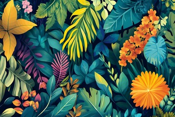 Vibrant botanical illustration featuring a variety of colorful tropical leaves and flowers in shades of green, yellow, orange, pink, and purple on a dark background.