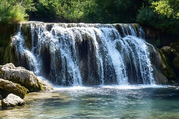 Fototapeta premium Cascading Waterfall Over Rocks with Lush Greenery and Sparkling Water