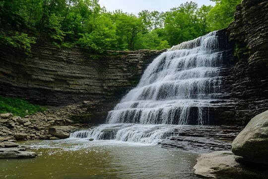 Cascading Waterfall Flows Down Layered Rock Face Surrounded by Lush Greenery