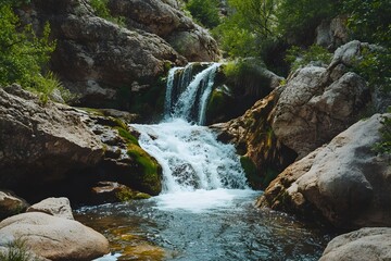 Cascading Waterfall Flows Through Rocky Terrain with Lush Greenery and Clear Water