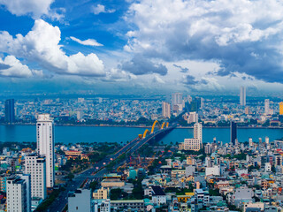 Aerial view of Da nang Vietnam with dragon bridge and vibrant cityscape