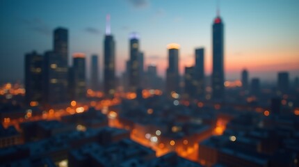 Fototapeta premium Sophisticated business background: Blurred, bustling city skyline at dusk with warm office lights.